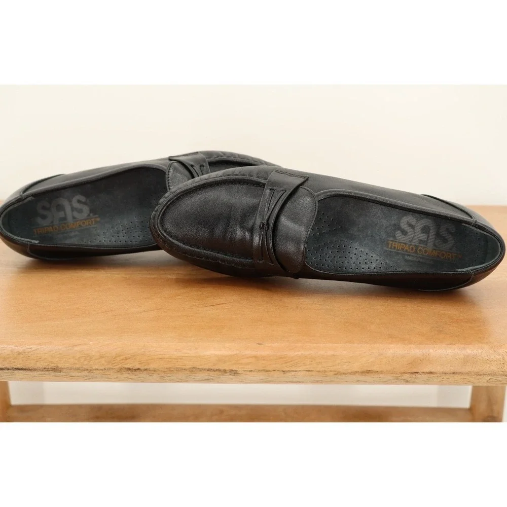 SAS Women's Black‎ Comfort Slip On Loafer Tripad Wedge Heel Leather Size 6
